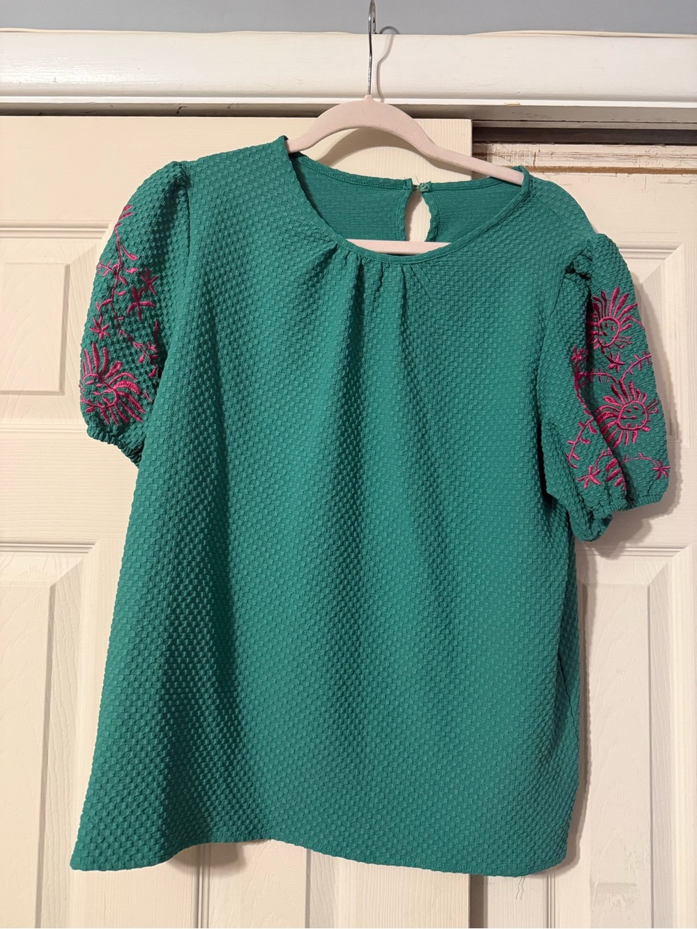 Women's Textured Teal Blouse with Embroidered Puff Sleeves